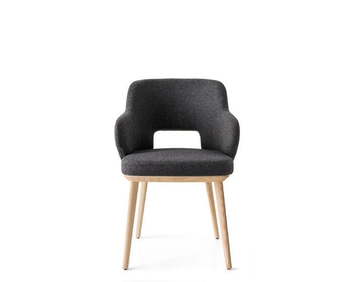 Foyer: Upholstered open-back armchair with wooden base