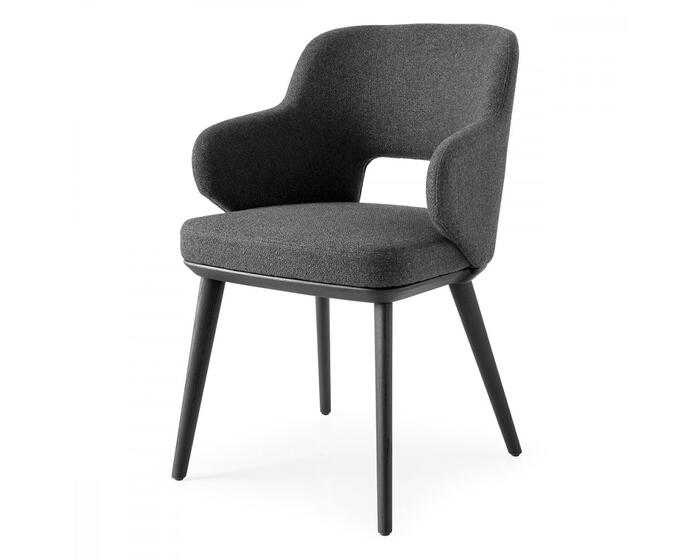 Foyer: Upholstered open-back armchair with wooden base