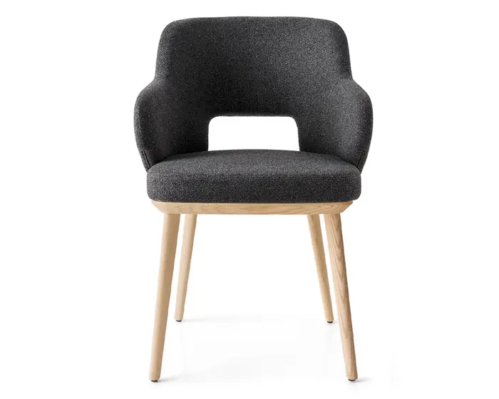 Foyer: Upholstered open-back armchair with wooden base