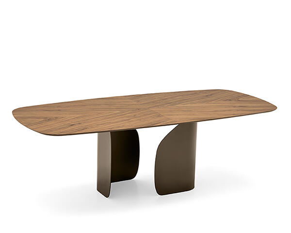 Twins: Table with wooden elliptical top and metal pedestal base