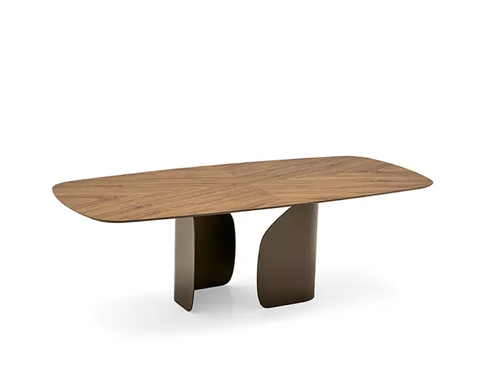 Twins: Table with wooden elliptical top and metal pedestal base