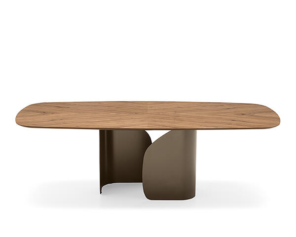 Twins: Table with wooden elliptical top and metal pedestal base