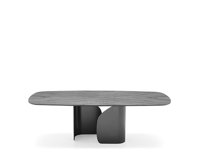 Twins: Table with wooden elliptical top and metal pedestal base