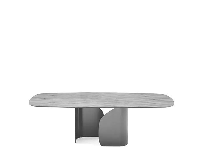 Twins: Table with wooden elliptical top and metal pedestal base