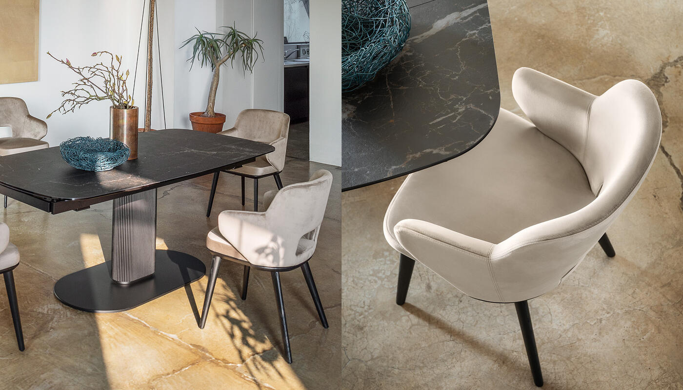 Foyer: Upholstered open-back armchair with wooden base