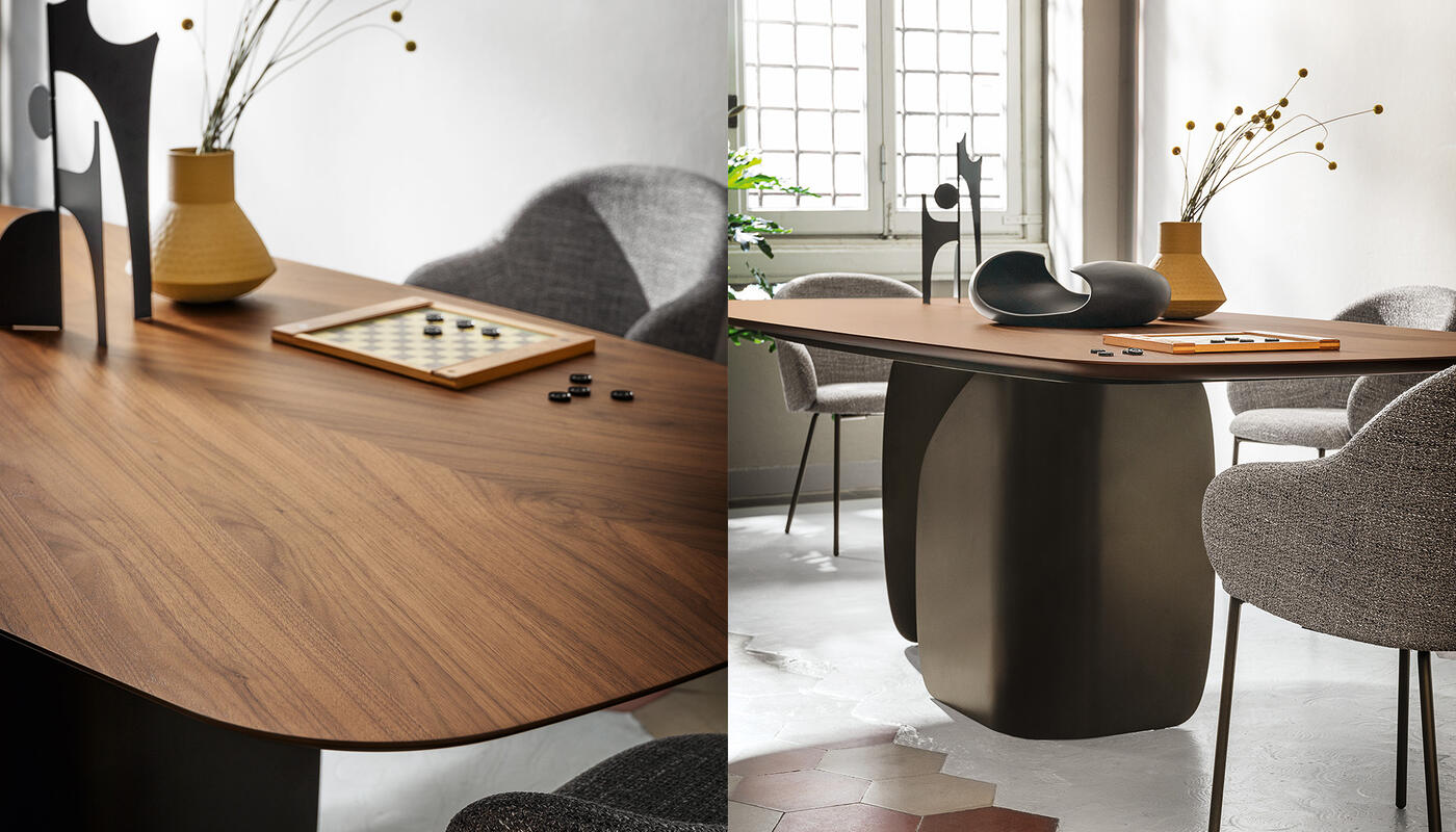 Twins: Table with wooden elliptical top and metal pedestal base
