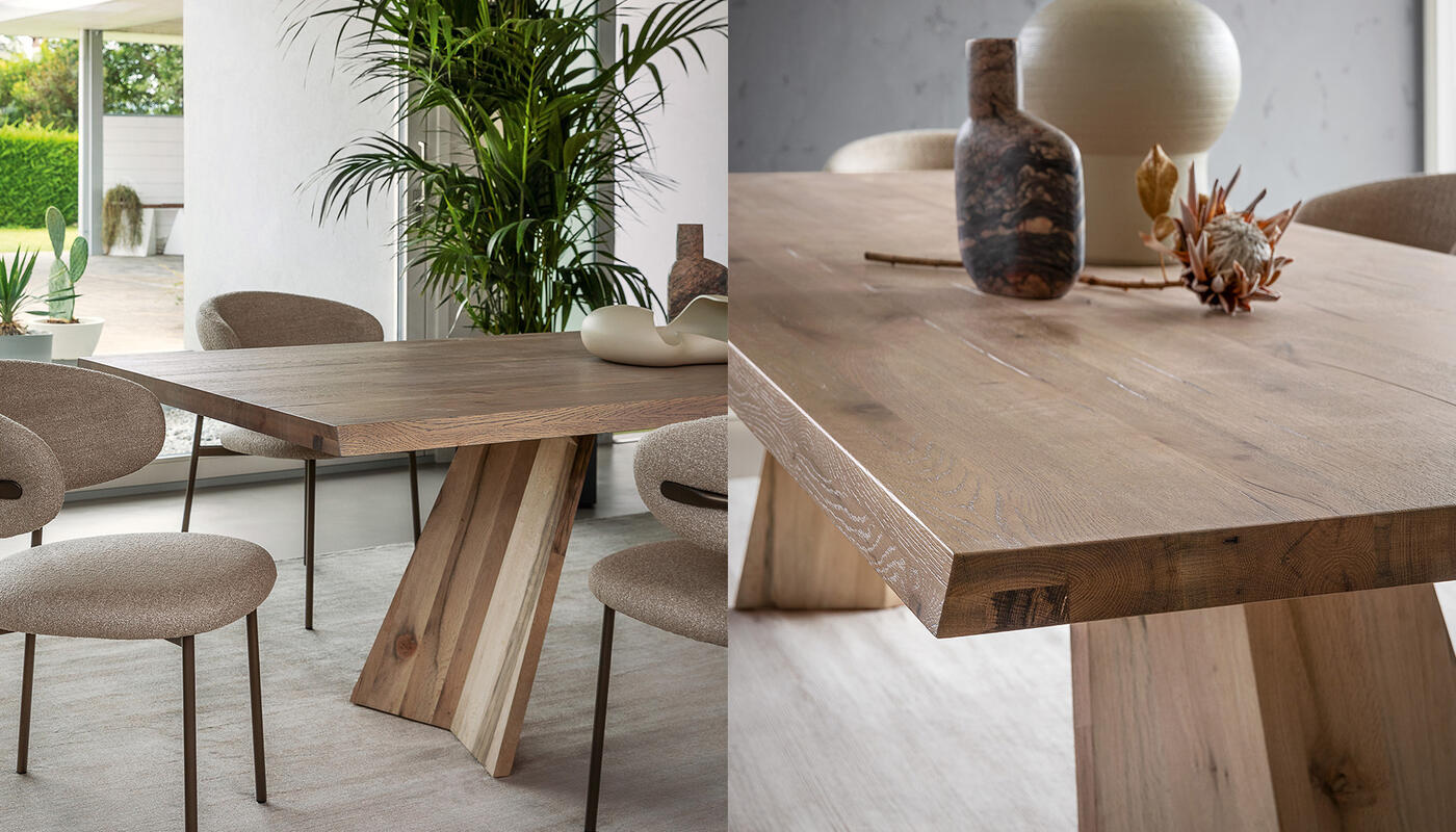Icaro: Solid wood dining table with rectangular top and sculptured